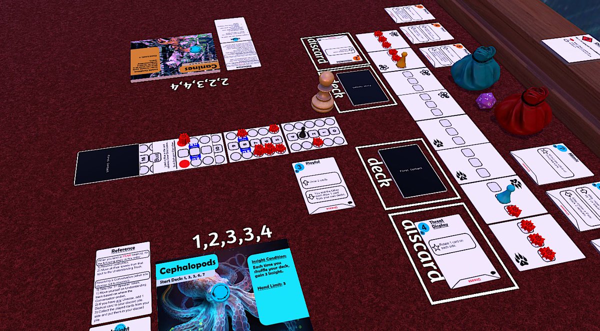 Opportune 1st Contact playtest this morning! I tried out a significant change to the Conversation Track. I think it did what it was supposed to; made things smoother, more direct effects, &amp; more of an 'arc' to the game experience. Co-design with <a href="/CrimsynSeraph/">Maxyne Yeager (she/her) BLM 🏳️‍⚧️🏳️‍🌈 🇵🇸</a> &amp; <a href="/CoffeeLghtWght/">Corinne Yeager</a>