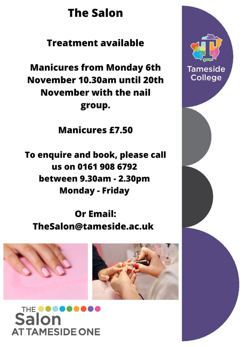 TheSalonAtT1's tweet photo. The Salon at Tameside One has the following treatments available. To enquire and book, please call us on 0161 908 6792 or email TheSalon@tameside.ac.uk between hours of 9.30am - 2.30pm Monday to Friday
#TheSalonAtT1 #ICanBe https://t.co/K6GM3lg1BU