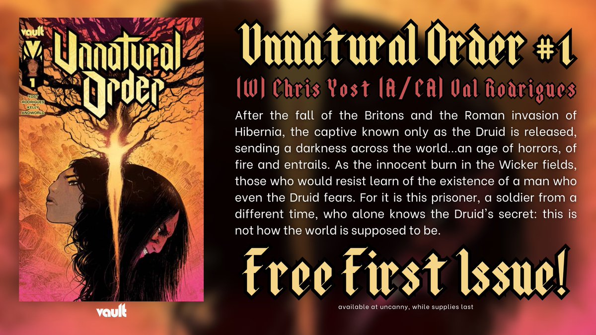 UncannyOnline's tweet photo. #ChrisYost, co-creator of #X23, writer of hundreds of #Xmen issues and films and shows like #ThorRagnarok and #TheMandalorian, returns to #comicbooks with #ValRodrigues to weave together Dark Fantasy and action-packed SciFi in #UNNATURALORDER from @thevaultcomics! https://t.co/LyQSEr1Zfr