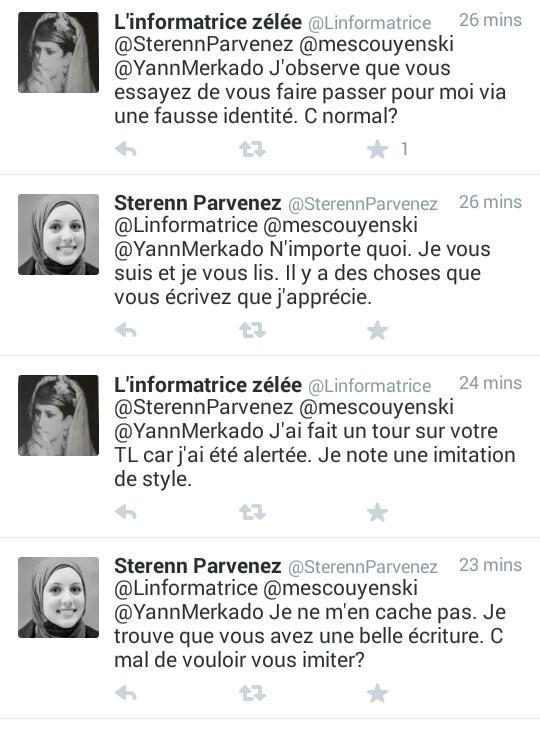 KarenAdhar's tweet photo. Cela semble un mode opératoire récurrent de cette personne, ayant aussi été derrière le faux compte de Bretonne convertie à l'islam @SterennParvenez. Personnage inventé, il s'était fait gauler, tenta de faire converser les 2 comptes puis supprima une fois démasqué. #linformatrice https://t.co/oNiOpnLfCm
