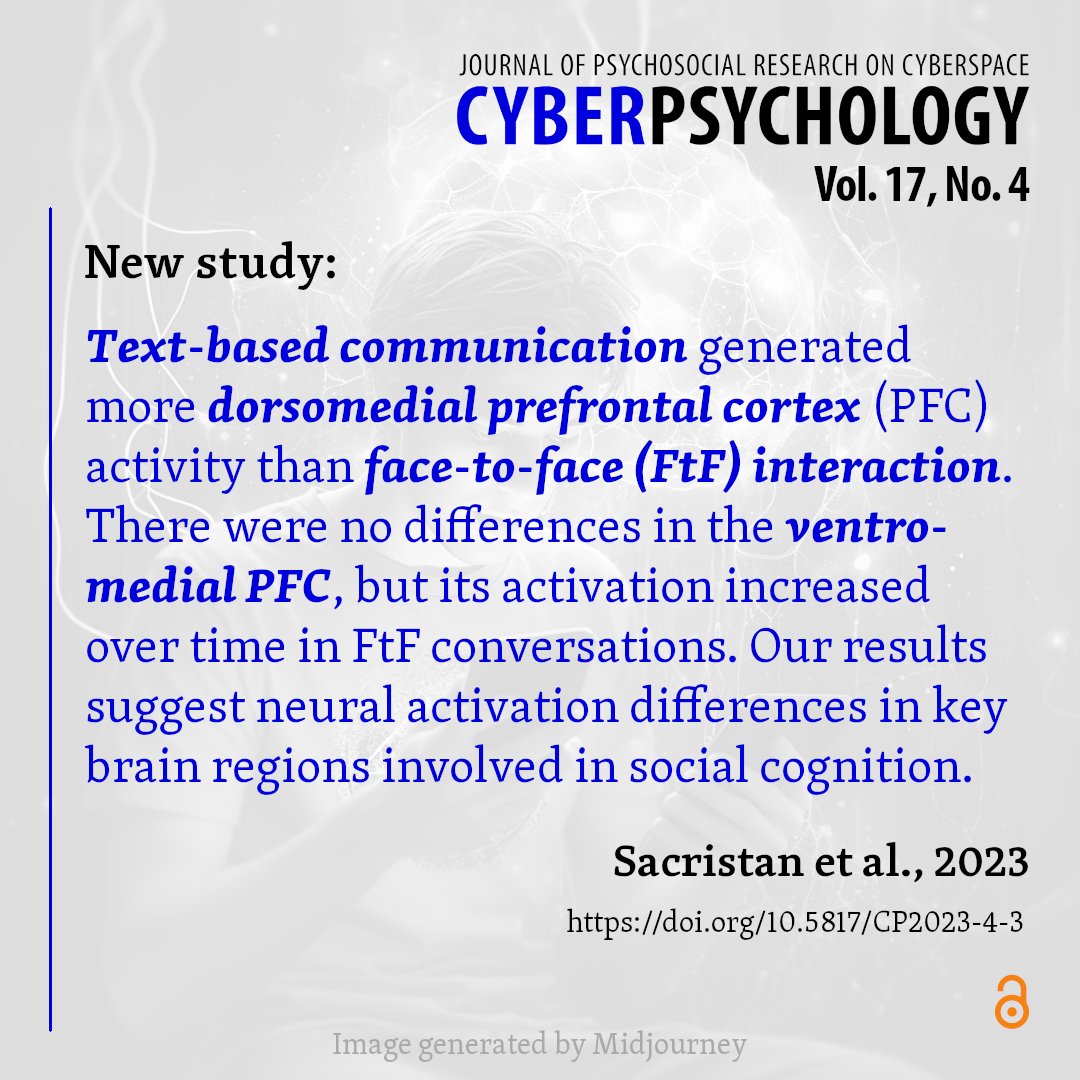 Do our brains process face-to-face and computer-mediated communication differently?🧠💬
Researchers <a href="/Raul_Sacristan/">Raul Sacristan</a>, S. Royle &amp; A. Galpin from <a href="/UKMediaPsych/">Media Psychology</a> tested differences in neural activation using near-infrared spectroscopy.
📗Read their study here: doi.org/10.5817/CP2023…