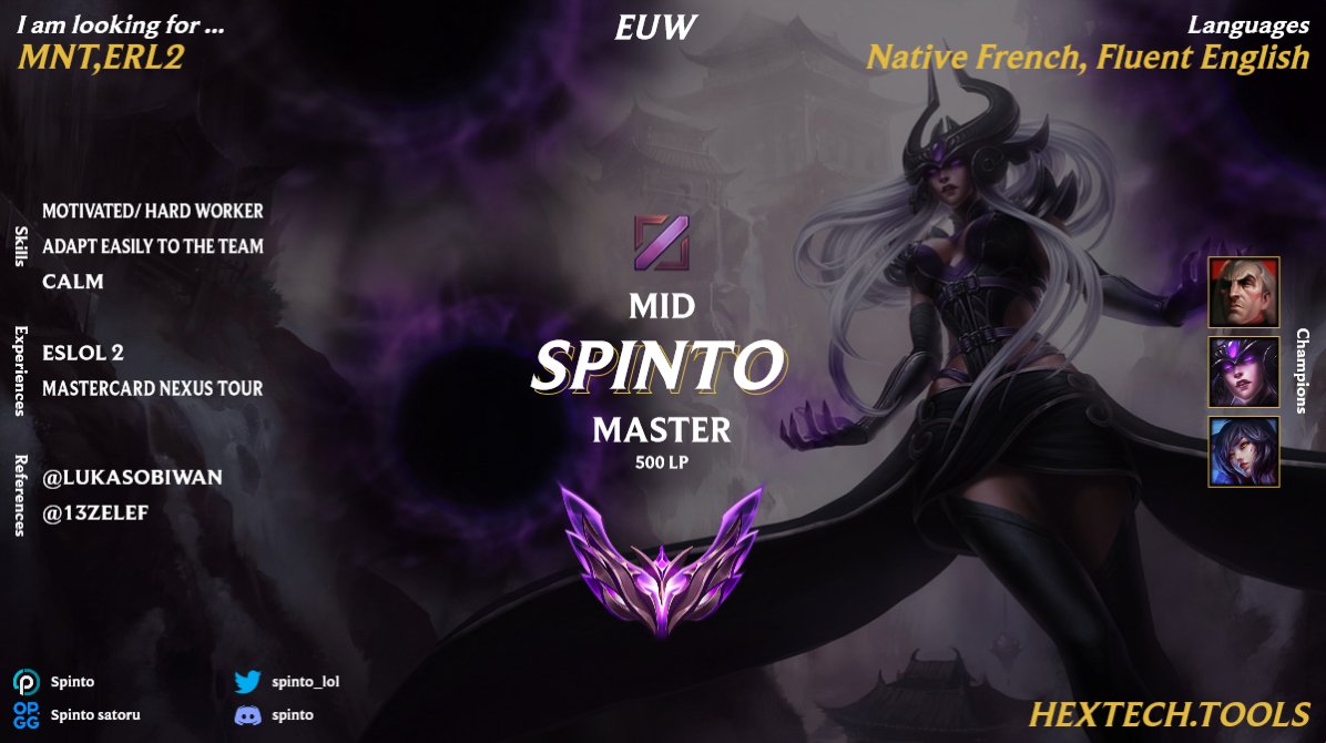 spinto_lol's tweet image. LFT as Midlaner
-LF MNT,ERL2
- peak : 550 lp 

After a split with @ouat_lol in ESLOL 2 and 3 month with @CicadasGaming  as a player in their academy i'm looking for a new team 

DM OPEN 📩
@LoL_LFT_Fr
