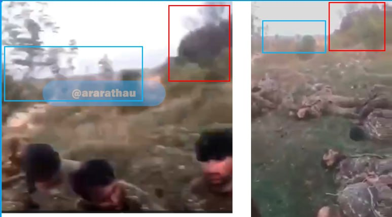 araratpetrosian's tweet photo. I have determined that these frames depict the identical location (diagram enclosed, featuring terrain, trees, and inclines), hence involving the same individuals. This is clear evidence of the large-scale execution of Armenian military personnel by Azerbaijani perpetrators. The footage illustrates Azerbaijan's war crimes committed against Armenia and Artsakh. This atrocious act demands attention before an international tribunal.  I do not add video materials for ethical reasons.