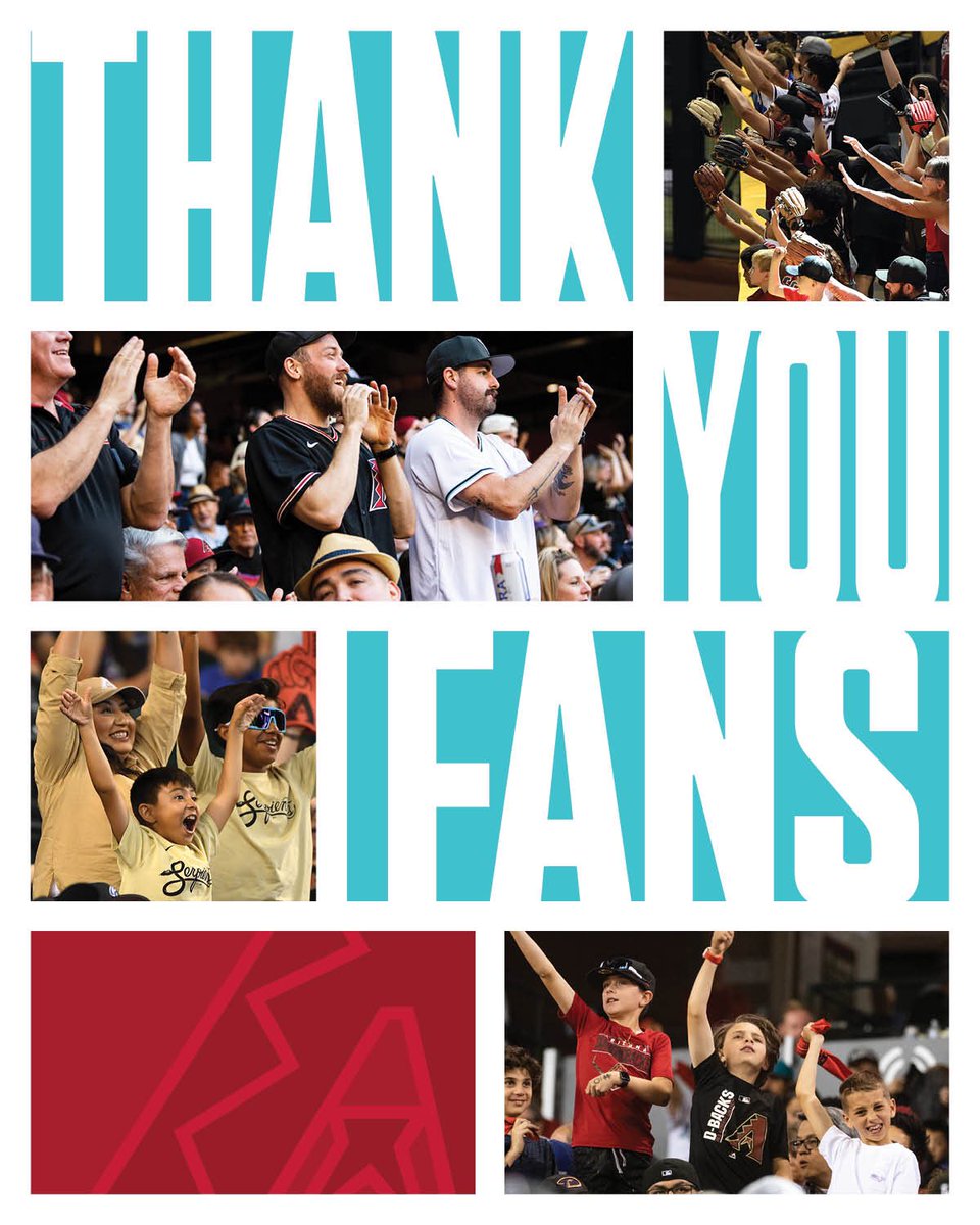 Dbacks's tweet image. We couldn’t have done any of this without you. Thank you, #Dbacks fans, for embracing the chaos, rallying around the team, and creating an unbelievable atmosphere at @ChaseField.

We already can’t wait to see you next season!