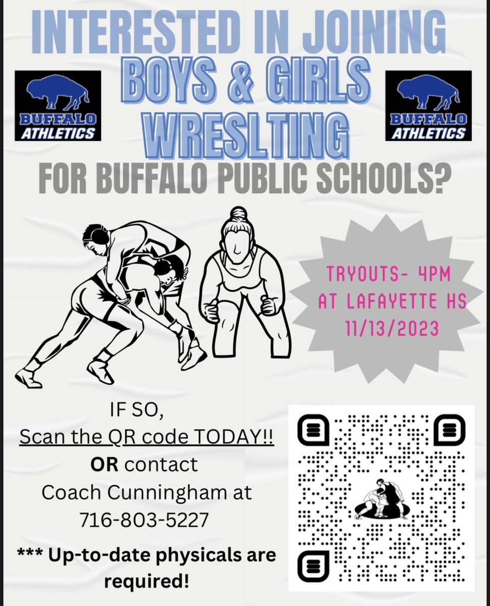 🚨Excellent wrestling news🚨

After a long absence wrestling is BACK in Buffalo Public Schools!

Lafayette HS will host a BPS-wide combined boys/girls wrestling team this winter! 

Former Canisius HS hc James Cunningham will lead this new team! 

Well done, <a href="/BPSathletics/">Buffalo Athletics</a>