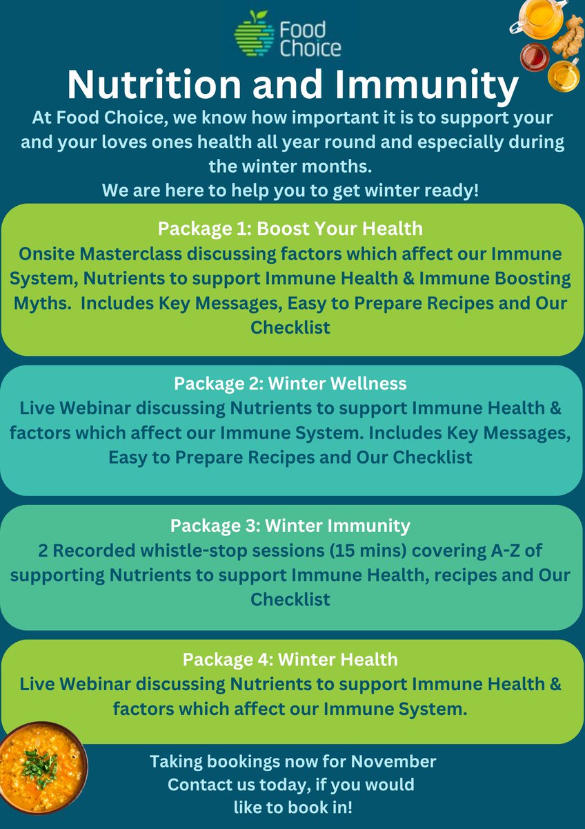 In November, our registered nutritionists and dietitians are offering our Nutrition and Immunity series!

We have created a toolbox including our masterclass, webinar, whistle-stop sessions, recipes and meal planner. Contact us today to book in!

#immunity #nutritiontips
