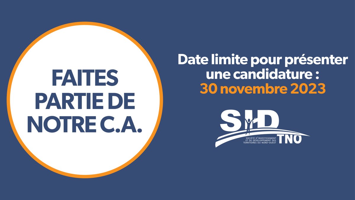 ProsperNWT's tweet photo. Vous voulez aider à solidifier le secteur des affaires aux TNO? Voici une occasion qui pourrait vous intéresser : la SID recherche de nouveaux membres pour son conseil d’administration. Visitez le https://t.co/Migx0koxEI pour en savoir plus et poser votre candidature. https://t.co/zPzTUyX5u6