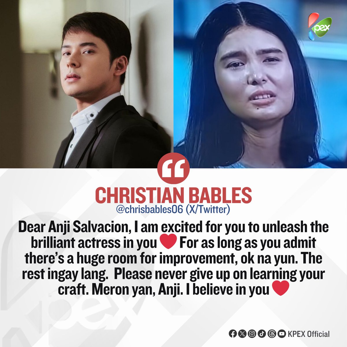 OfficialKpex's tweet photo. “Please never give up on learning your craft. Meron yan, Anji. I believe in you. ❤️”

Christian Bables, binigyan ng mahalagang mensahe si  Anji Salvacion matapos ulanin ng kritisismo ang performance ng aktres sa hit TV series ng Prime na Linlang. 

@chrisbables06 @anjisalvacion https://t.co/QJIZiI9Y7d