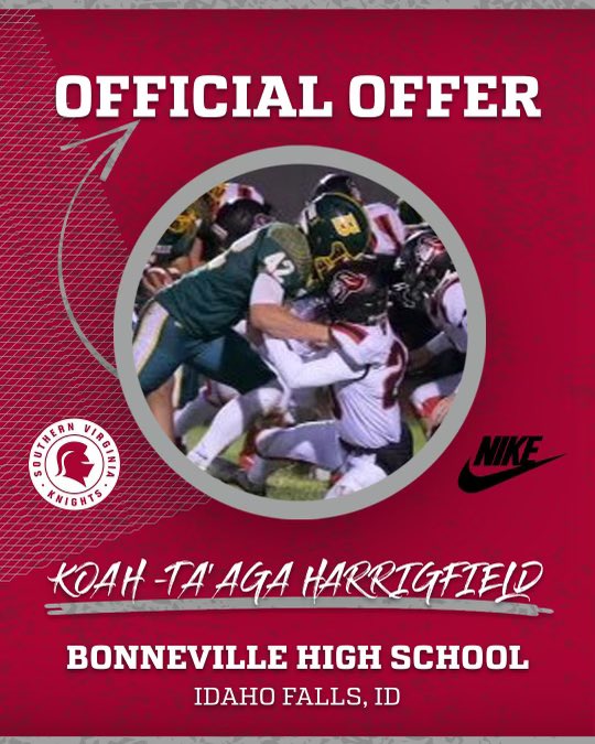 harrigfeld_koah's tweet photo. So blessed to say that I have received my 3rd offer from Southern Virginia University!! Thanks to Coach Barry at @knight_ftbl ⚔️🛡️‼️#svufootball #knights #bonnevillefb https://t.co/Lcs5hYeXLR