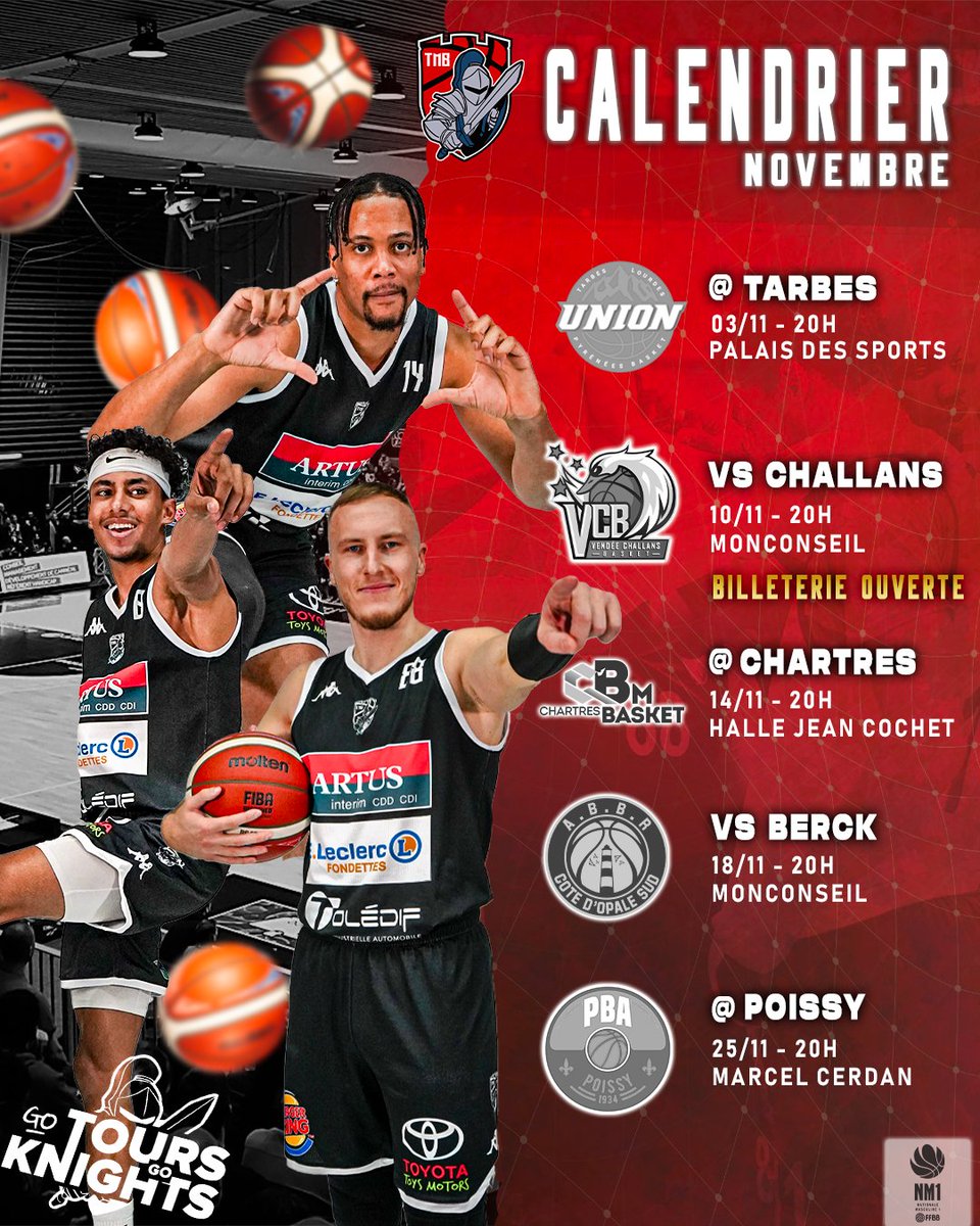 tmb_toursbasket's tweet photo. 🗓️ Le programme des #Knights en novembre 🏀
• 2 matchs à la 🏠
• 3 à l'extérieur 🚌

🚨 Réservez d'ores et déjà vos places pour le prochain match à 𝐌𝐨𝐧𝐜𝐨𝐧𝐬𝐞𝐢𝐥 ⚔️
🆚 @vcbplus - #J10
📅 Vendredi 10.11
🕗 20H 
🎟️ https://t.co/DaWuAr3Em8

#GoKnights🔴⚫ https://t.co/GuF6LPvdLV