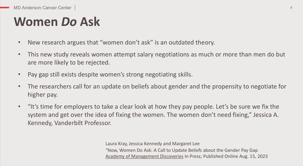 Amy Oxentenko MD (@amyoxentenkomd) on Twitter photo Ever hear “women don’t ask” wrt #negotiation?
That is outdated theory.
📣 Women DO ask‼️📣
But women are more likely to have negotiations rejected.
BOTTOM LINE:
⭐️ Time to fix the system.
⭐️ Women do not need to be fixed.
Well stated, <a href="/RannaParekh/">Ranna Parekh, MD, MPH</a>!
#SheLeadsHealthcare Ever hear “women don’t ask” wrt #negotiation?
That is outdated theory.
📣 Women DO ask‼️📣
But women are more likely to have negotiations rejected.
BOTTOM LINE:
⭐️ Time to fix the system.
⭐️ Women do not need to be fixed.
Well stated, <a href="/RannaParekh/">Ranna Parekh, MD, MPH</a>!
#SheLeadsHealthcare