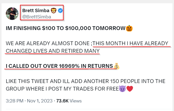 Guruleaks1's tweet photo. 29 year old Charlatan @BrettSimba:
"I called out over 16969% in returns"
"This month I have already changed lives and retired many"
Make this huckerster prove his claims BEFORE you even think about giving him your hard-earned money
@linakhanFTC @SAALevine @SECEnfDirector https://t.co/TXVpVxgjGl