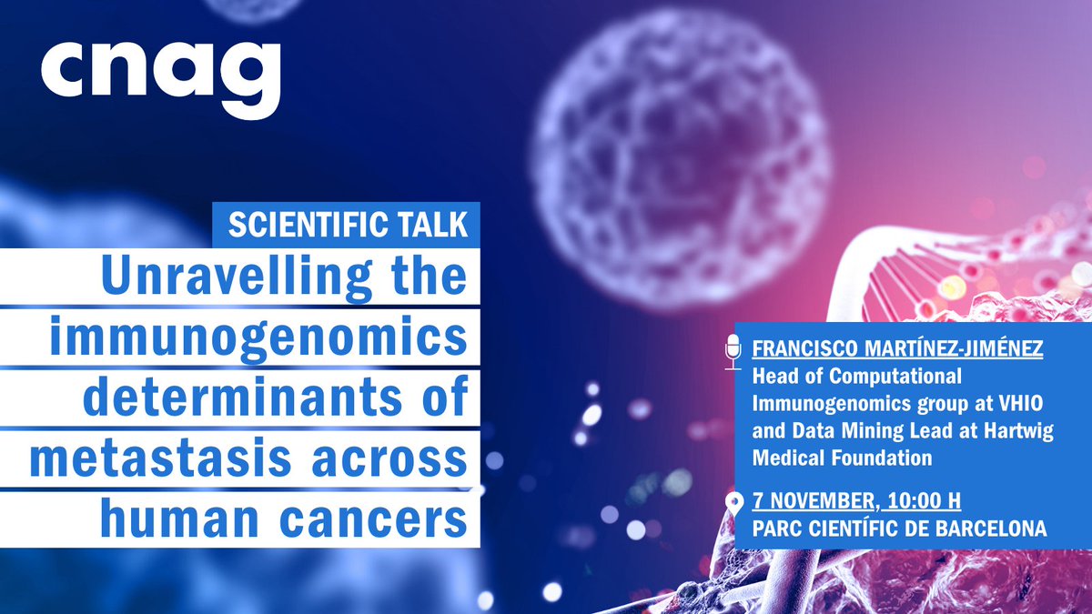 cnag_eu's tweet photo. 📢#ScientificTalk: 07 November at @PCB_UB! (10am)

🧪Discover the latest immunogenomic #research and the key differences between primary and metastatic #tumors

🗣️@fran_mj88, Group Leader at @VHIO &amp; Data Mining lead at @HartwigMedical

📍Fèlix Serratosa
ℹ️https://t.co/xzj5WukBIv https://t.co/D44VFye504