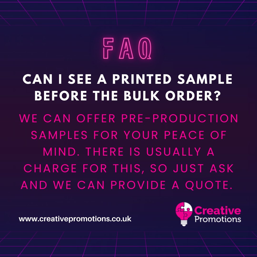 Can I see a printed sample before the bulk order...

creativepromotions.co.uk/faq

#printing #promotionalproducts #promotionalitems #businessprinting #businessproducts #creativepromotions