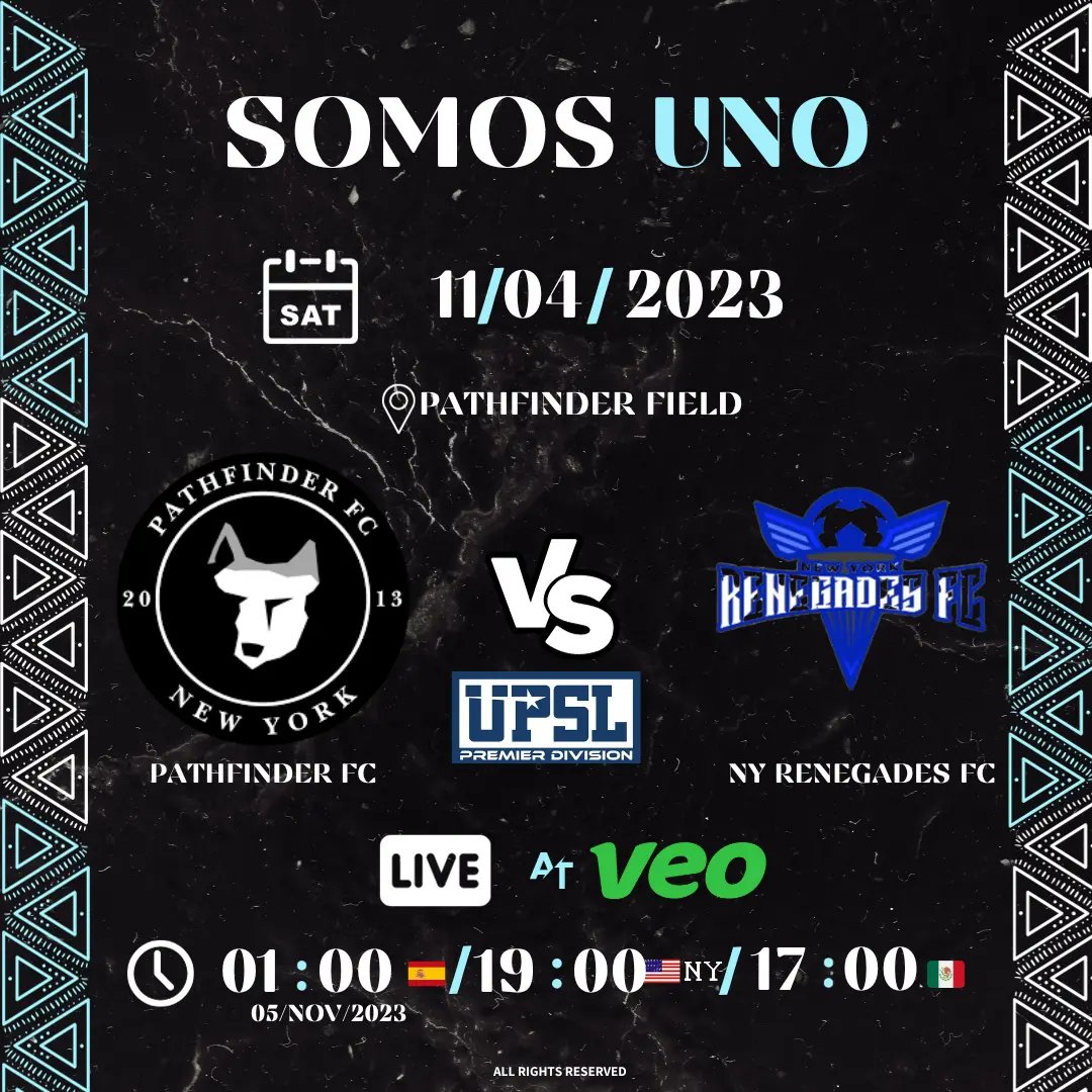 Pathfinder FC Premier:

HOME vs NY Renegades FC (Pathfinder Field)
- Date: Saturday November 4th
- Time: 5:00 PM (Monterrey, Mexico 🇲🇽) /  7:00 PM (NY, USA 🇺🇸) / 1:00 AM (Spain 🇪🇸 - November 5th)
 - Transmission: VEO

#SomosUno #PathfinderFC #premierdivision #upslnortheast