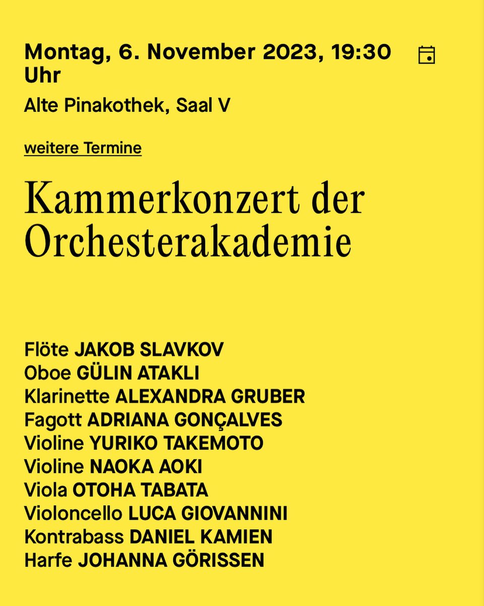 So looking forward to performing with my beloved <a href="/Munich_Phil/">Munich Philharmonic</a> academy group and <a href="/naoka_a_vn/">青木尚佳 Naoka Aoki</a> !! Concert on 6th November 19:30 in Alte Pinakothek ✨

Programme including Vivaldi, Telemann, Bach to Schubert and Ravel❤️‍🔥

Tickets and info:

mphil.de/konzerte-und-k…