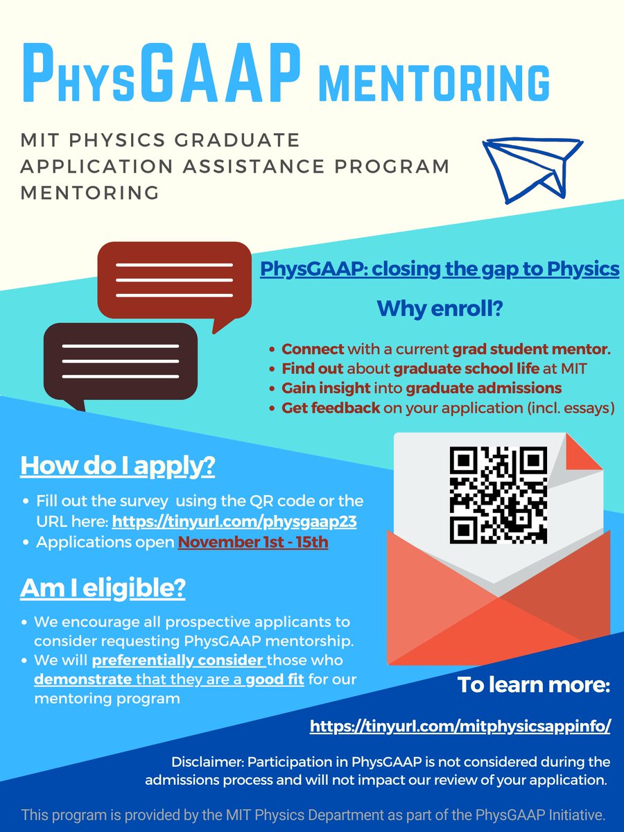 PhysGAAP mentoring applications are now LIVE 🧑‍💻

This is an opportunity to connect with a current grad student mentor to get in-depth guidance about the MIT physics graduate application process and about graduate school.

Apply at  mit.co1.qualtrics.com/jfe/form/SV_be…
