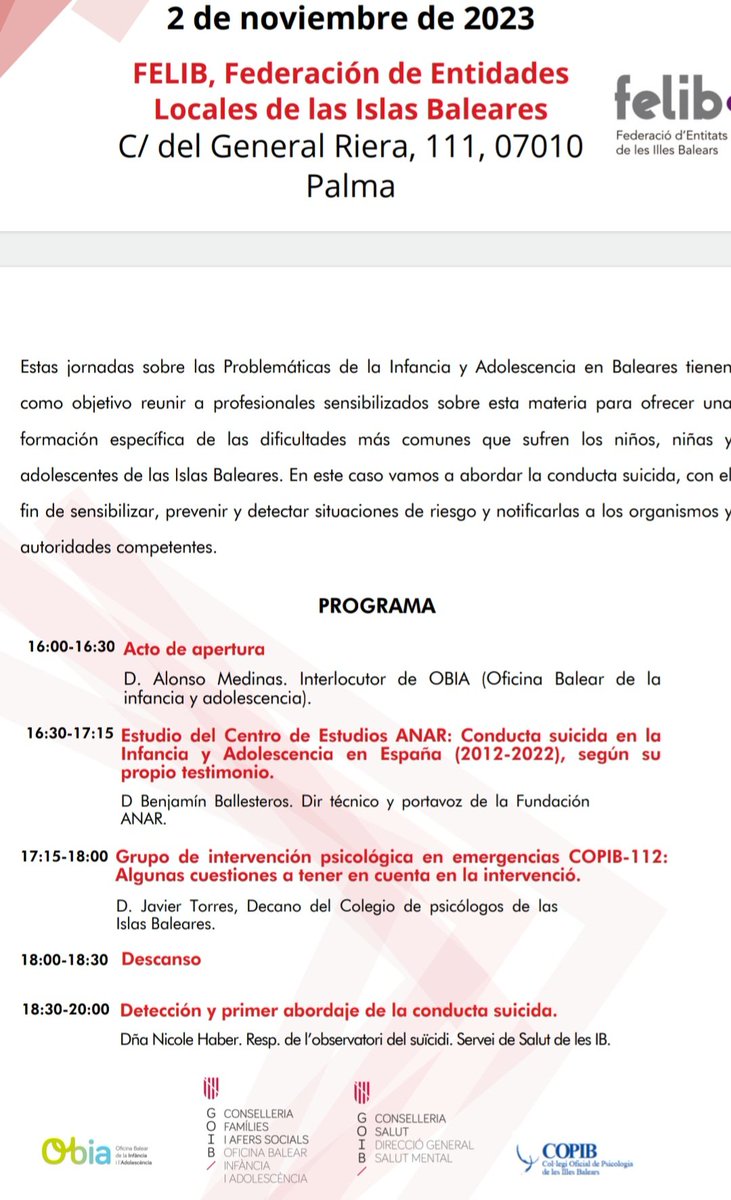 PaquitaLuque's tweet photo. #conductasuicida #fundacionanar #copib #Oiba 
II JORNADAS SOBRE PROBLEMÁTICAS DE INFANCIA Y ADOLESCENCIA. CONDUCTA SUICIDA. https://t.co/6amYhAsSyn
