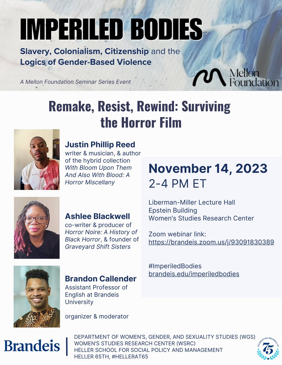 Join @wgsbrandeis on 11/14 for Remake, Resist, Rewind: Surviving the Horror Film. Artists &amp; scholars working at the intersections of black feminist &amp; black queer horror will discuss how the horror film genre can thematize, trigger, &amp; inspire complex engagements w/sexual violence