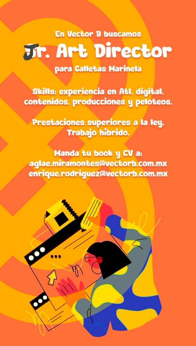 En Vectir B buscamos: Art Director Jr.
- Con experiencia previa…

Ofrecemos:
- 25k brutos
- Prestaciones superiores a las de ley.
- Vales de despensa.
- Trabajo híbrido
- Seguro de gastos médicos mayores.

Enviar CV y book con em subject: Art Director Jr.