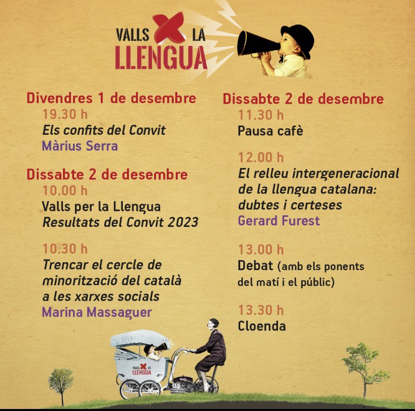 vallsxlallengua's tweet image. L’1 i 2 de desembre tens una cita a Valls: parlarem dels joves i el català a les 3es Jornades #VallsperlaLlengua, amb @mariusserra, @MarinaMassaguer i @gerard_furest.