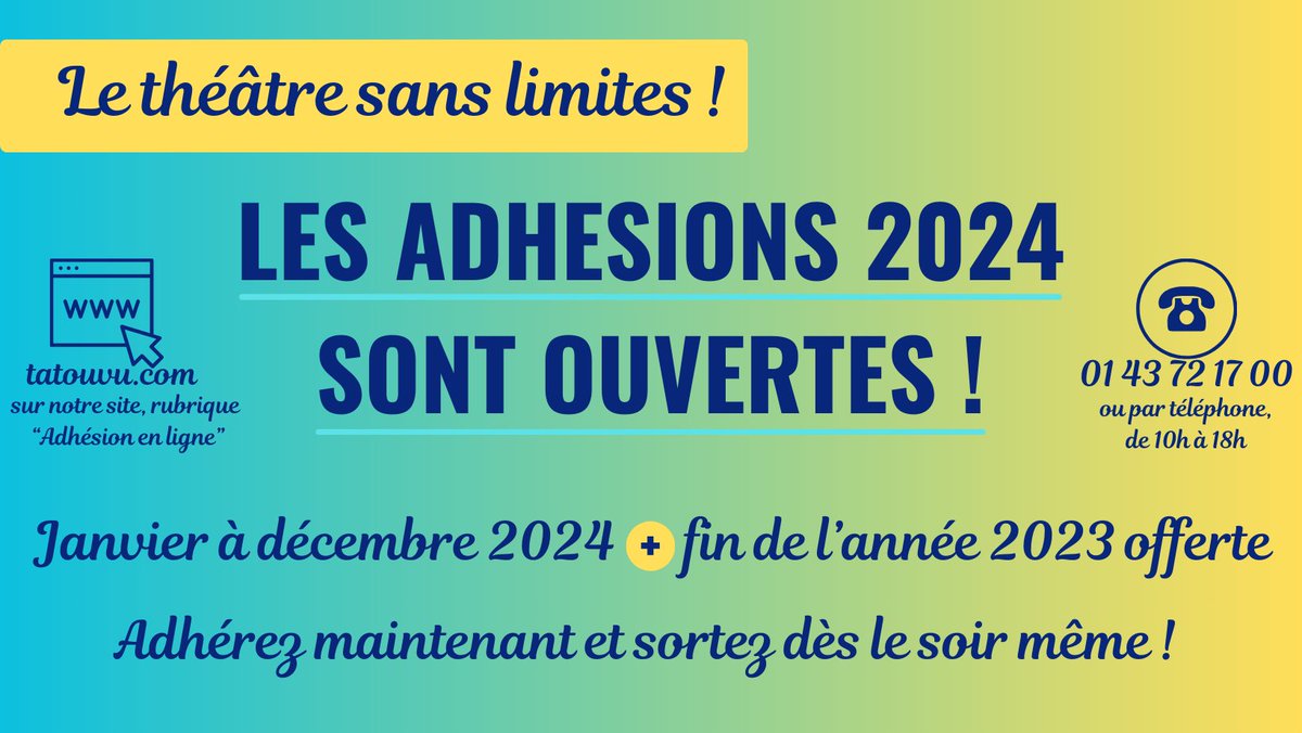 Les adhésions 2024 sont ouvertes 🙌!!  

Les nouveaux adhérents, vous pouvez adhérer dès maintenant et sortir dans la foulée : on vous offre la fin de l'année 2023 !  

Profitez-en et découvrez les bonheurs du théâtre sans limites 🎭🎭