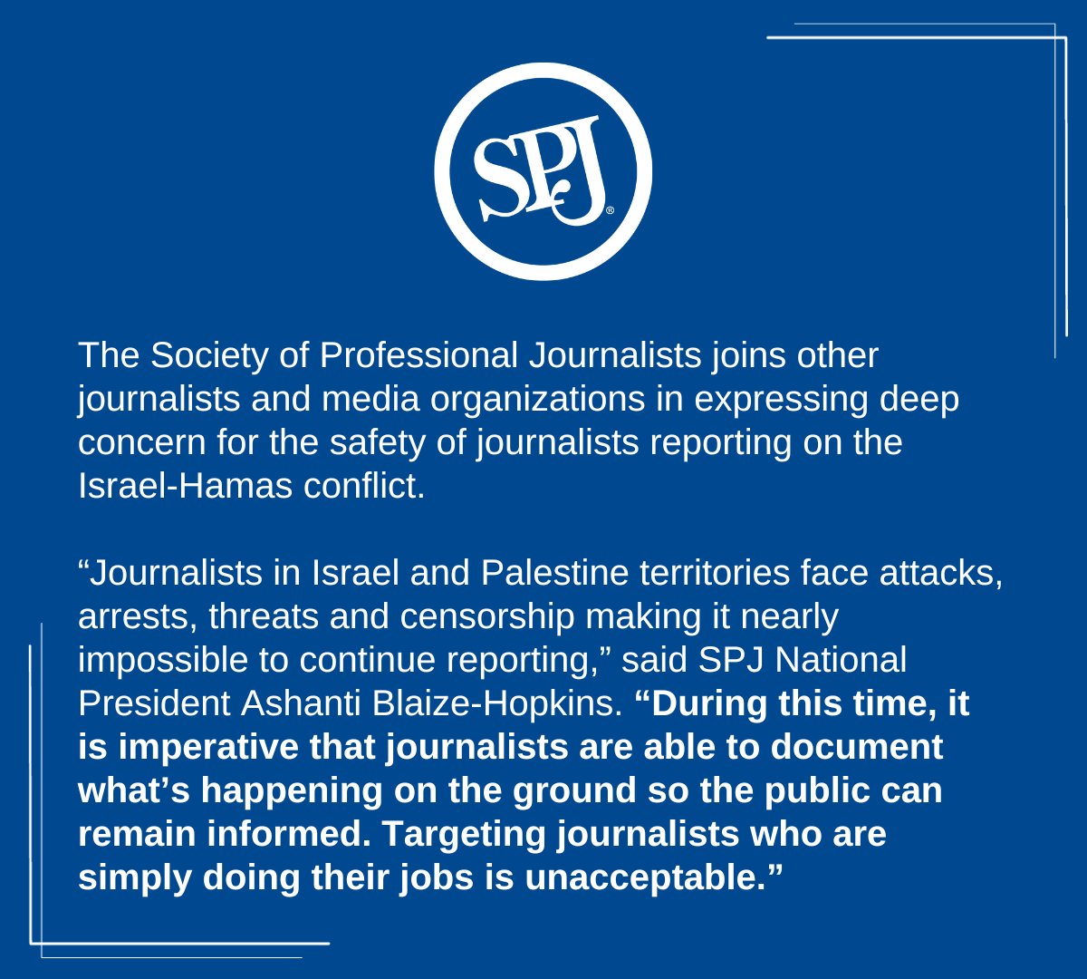 SPJ calls for the protection of journalists working in Gaza. 'During this time, it is imperative that journalists are able to document what’s happening on the ground so the public can remain informed,' said SPJ President @AshantiBlaize. spj.org/news.asp?REF=2…