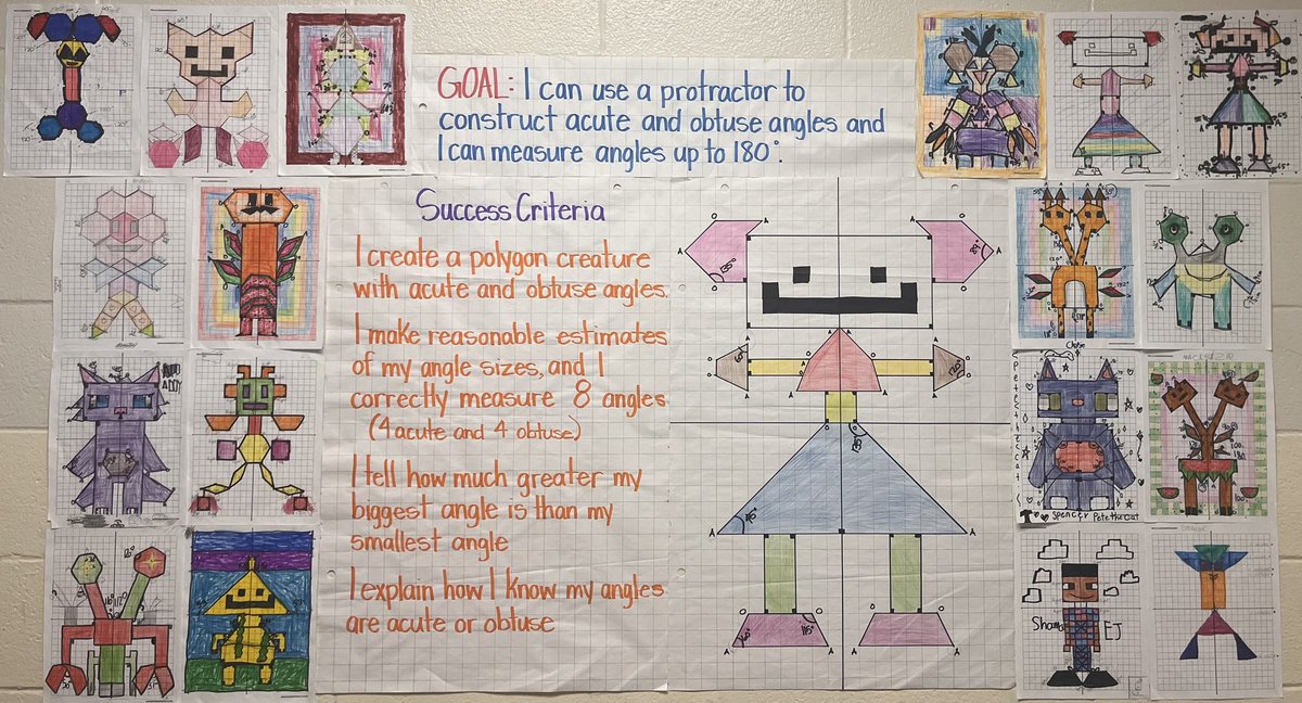 We can use protractors to construct acute and obtuse angles and we learned how to measure angles up to 180 degrees by inspecting out creatures!! 🤟🏻