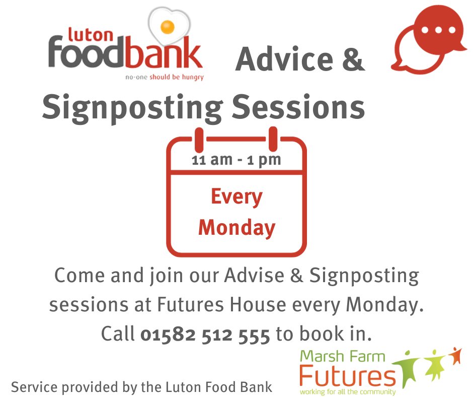 Did you know that <a href="/Luton/">Amy</a> Foodbank offer a face-to-face advice service here at Futures House!
.
Appointments are available every Monday and can be booked directly through Marsh Farm Futures either by popping in or calling up. #MFFCommunity #LutonSupport