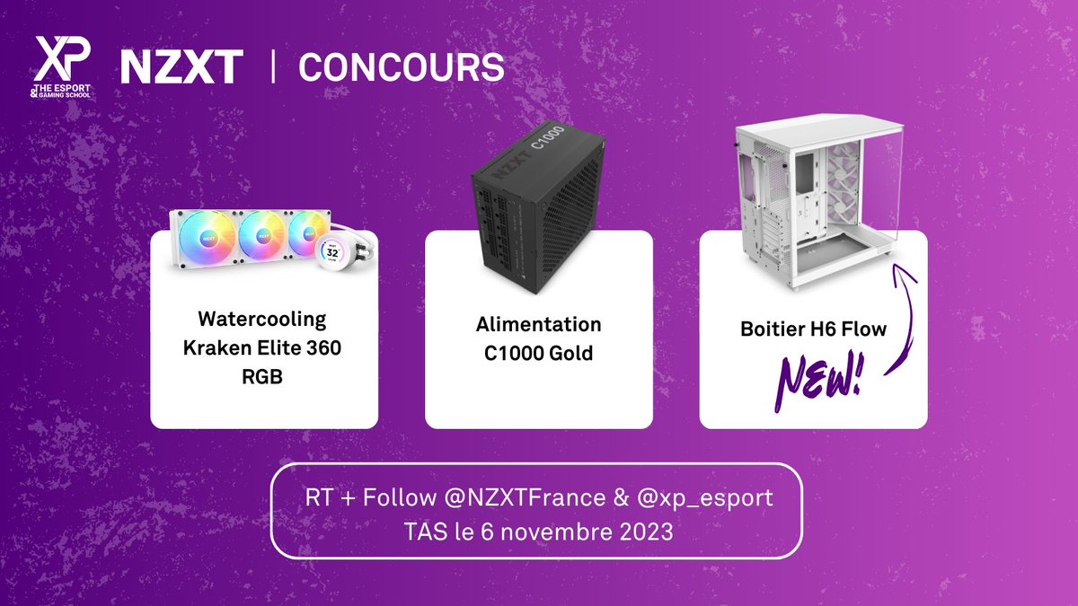 xp_esport's tweet photo. 𝗖𝗢𝗡𝗖𝗢𝗨𝗥𝗦 𝗫𝗣 𝗘𝗧 𝗡𝗭𝗫𝗧🎉

Pour fêter le renouvellement de notre partenariat lors de la #PGW2023, tentez de gagner un Boîtier H6 Flow, un Watercooling Kraken Elite 360 RGB &amp; une Alimentation C1000 Gold ! 

🔃RT ce post
✅Follow @xp_esport &amp; @NZXTFrance 
TAS le 6/11/23 https://t.co/ck7rxhP1Zu