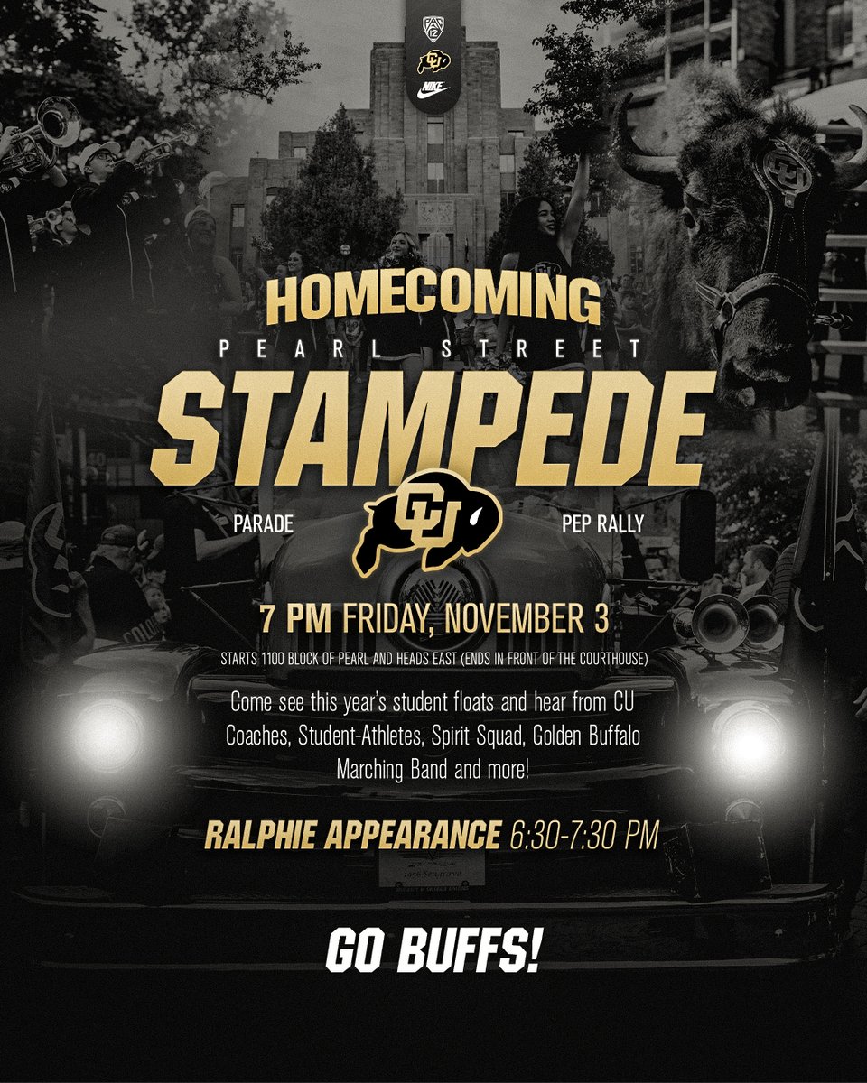 CUBuffs's tweet photo. Pearl Street Stampede: Homecoming Edition 🦬

Come down to Pearl Street on Friday at 7pm to see Ralphie, hear from student-athletes &amp; coaches, and a whole lot more 💛🖤

#GoBuffs https://t.co/w4MvkNKBb4