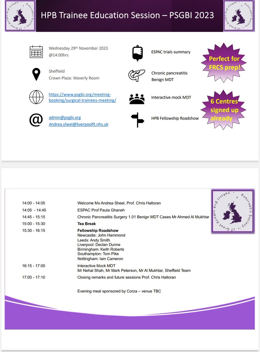 There is an excellent HPB Trainee Education Session lined up at PSGBI 2023 on 29th November! 

Excellent for FRCS prep and a fantastic fellowship roadshow! See below for more info!