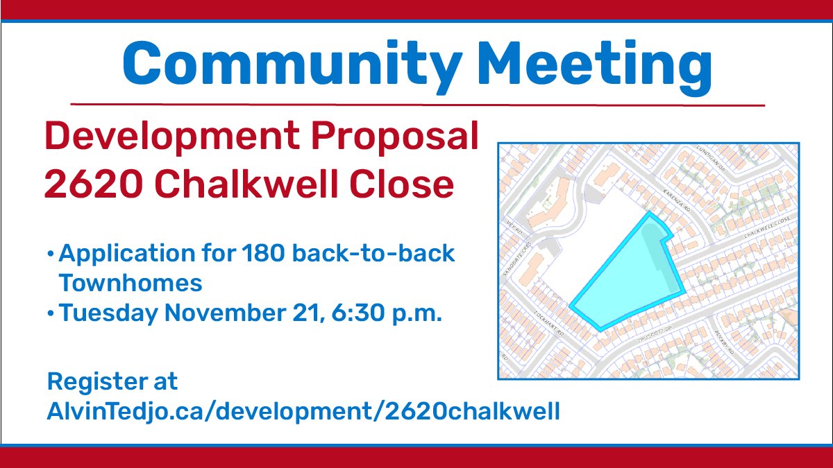 AlvinTedjo's tweet photo. Tonight at 6:30 is our Community Meeting about 2620 Chalkwell Close😄
Join us to talk about the proposal, have your questions answered, and shape the future of our community🏡
🔗https://t.co/bJjlDXv451 https://t.co/3xYqg5mRZp