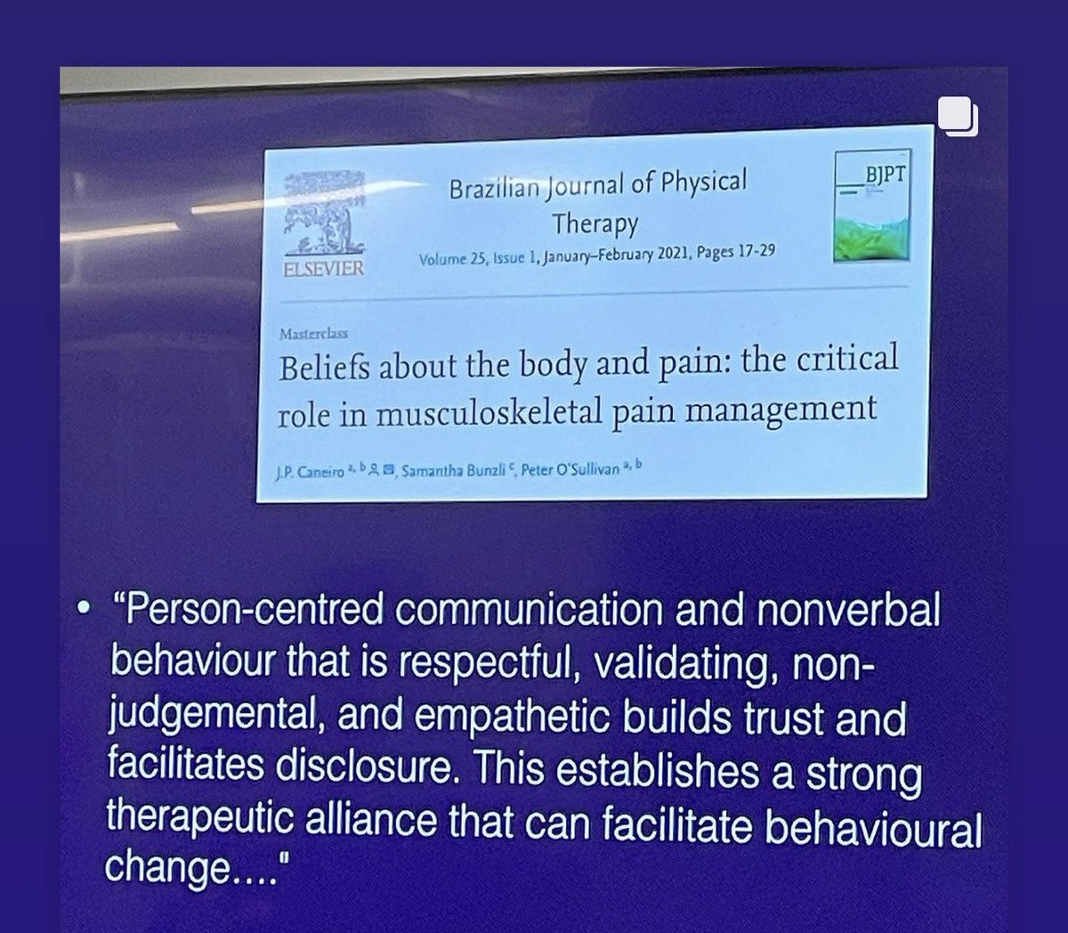 <a href="/paintoolkit2/">Pete Moore</a> “an interactive learning process where the clinician uses the patient's own narrative &amp; experience during the examination to help them make sense of their pain condition through a BPS lens, w/the aim to facilitate mindset &amp; behavioural change &amp;⬇️ emotional distress.” <a href="/jpcaneiro/">JP Caneiro</a>