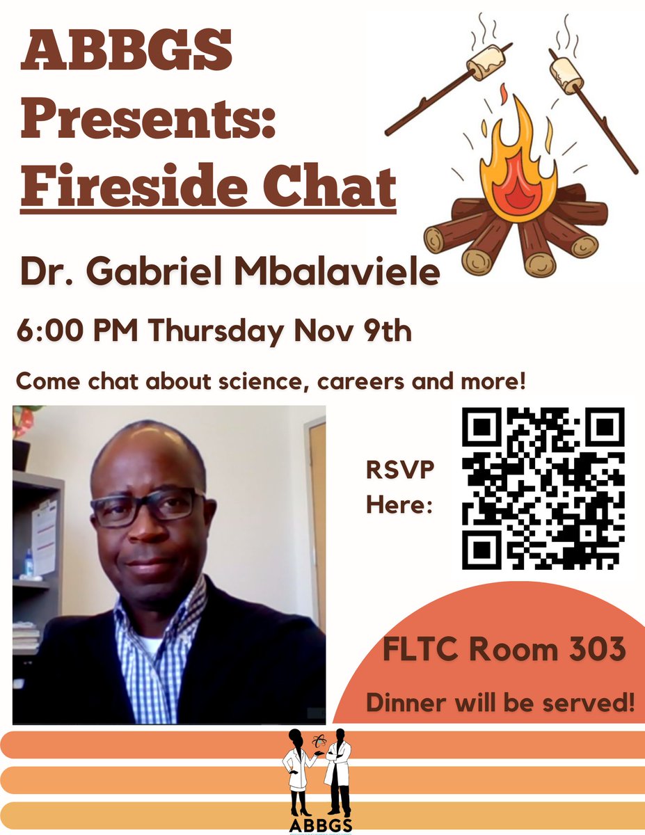 Come join us for a fireside chat with Dr. Gabriel Mbalaviele November 9th 6pm. There will be peers and there will be science. But most importantly, there will be food! 👀😊🍕🍟