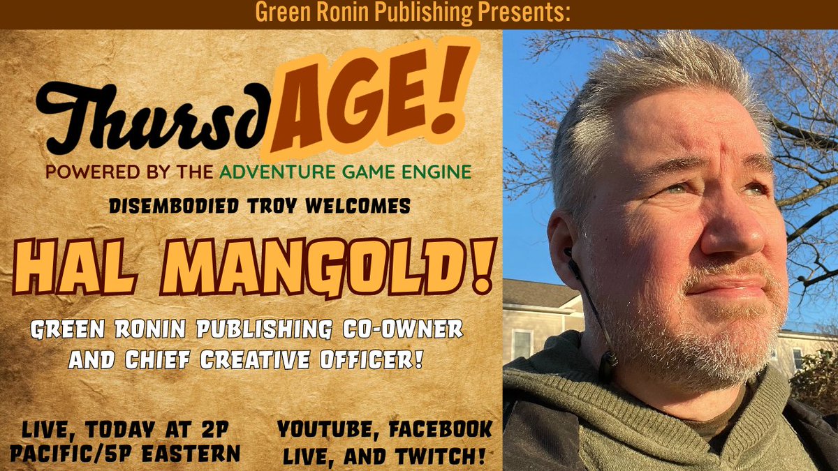 Today, Disembodied Troy welcomes Hal Mangold to the ThursdAGE mainstage!  Chief Creative Officer, Co-Owner, and all around good guy, Hal's in charge of the look and feel of our books, and works with artists, developers, cartographers, and more! youtube.com/watch?v=1MubEx…