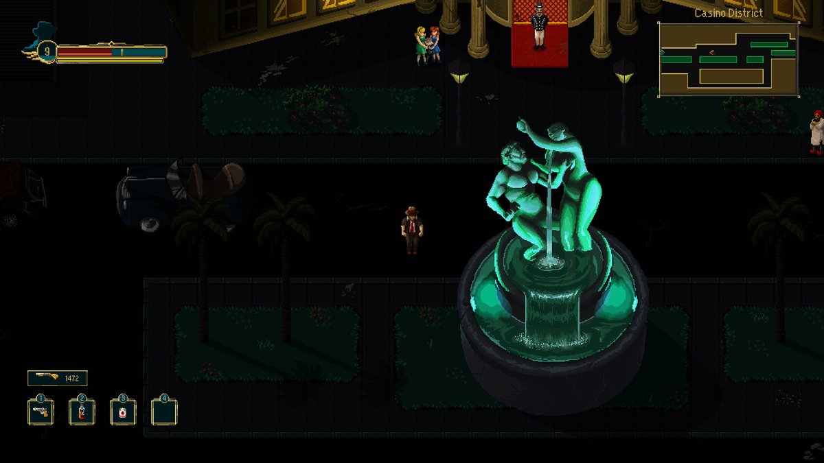 Elegant buildings, flashy cars, fancy kids... 
Visiting the Casino district of Pecaminosa is almost like traveling to another world.  

#IndieGame | #IndieDev | #GameMaker | #PixelArt | #ドット絵 | #ScreenshotSaturday