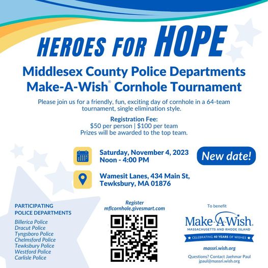 Register your team for the Make-A-Wish Cornhole Tournament Fundraiser! Tournament is scheduled for Sat, November 4, 2023 at Wamesit Lanes in #Tewksbury. More info at the link: tinyurl.com/3543kv8x