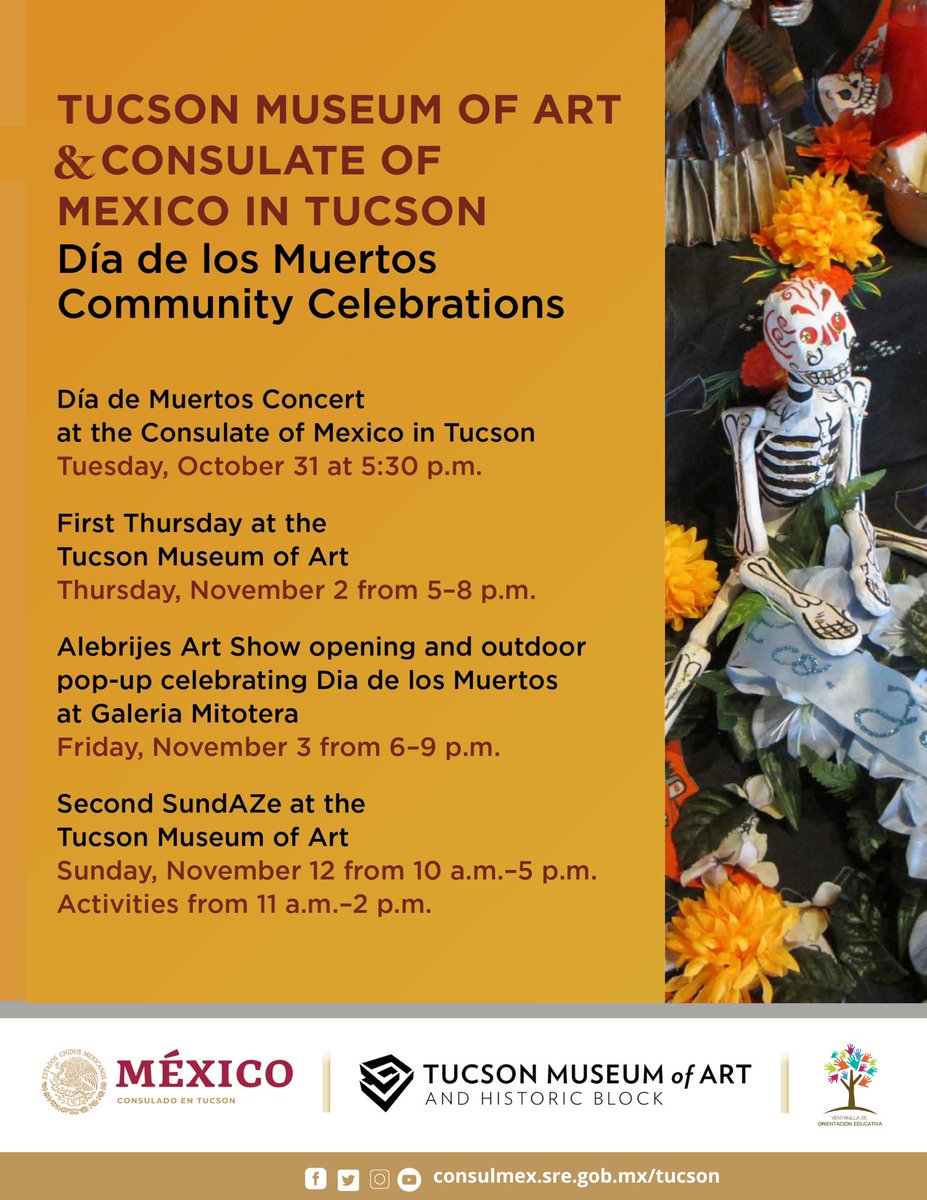 Consulmex Tucson (@consulmextuc) on Twitter photo Celebrate #DayOfTheDead with <a href="/ConsulMexTuc/">Consulmex Tucson</a> and <a href="/TucsonMuseumArt/">Tucson Museum of Art</a> featuring three captivating altars inspired by Mexican ancestral imagery 🌼💀🕯️
Don't miss the array of cultural and community events we have in store! 🎶💃
Explore the full calendar here 👇 Celebrate #DayOfTheDead with <a href="/ConsulMexTuc/">Consulmex Tucson</a> and <a href="/TucsonMuseumArt/">Tucson Museum of Art</a> featuring three captivating altars inspired by Mexican ancestral imagery 🌼💀🕯️
Don't miss the array of cultural and community events we have in store! 🎶💃
Explore the full calendar here 👇