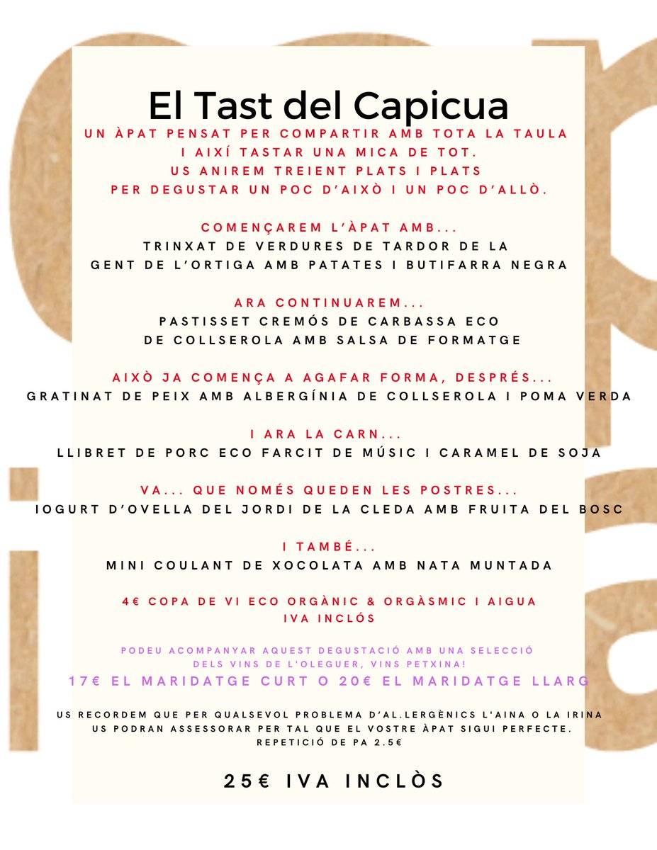 cuinetescapicua's tweet photo. Heu vist el #TastdelCapicua i les #DegustacionsdelCapicua q farem aquest #CapdeSetmana?
#DijousNit, #DivendresNit, #DissabteMigdia i #DissabteNit!
Fem #ElTastDelCapicua x 25€? #LesDegustacionsdelCapicua x 30€ 39€? O millor #Carta?
TU DECIDEIXES!
#FemUnCapicua? https://t.co/ic0vuoyn88