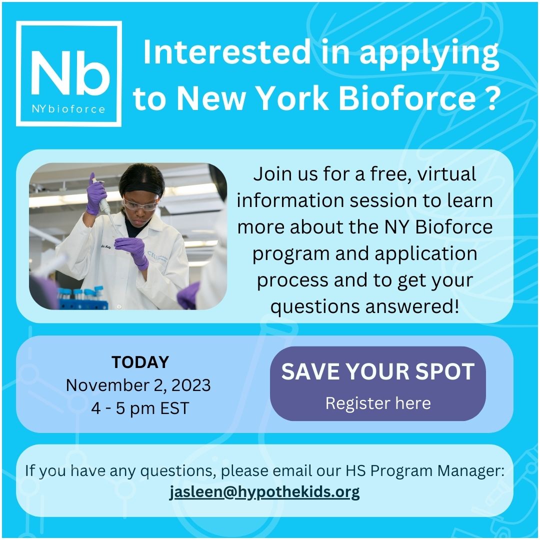 HYPOTHEkids's tweet image. Join us today for a free, virtual information session to learn more about the NY Bioforce program and application process and to get your questions answered! #NYBioforce #informationsession #virtual #register

Register Here: rb.gy/rwzif