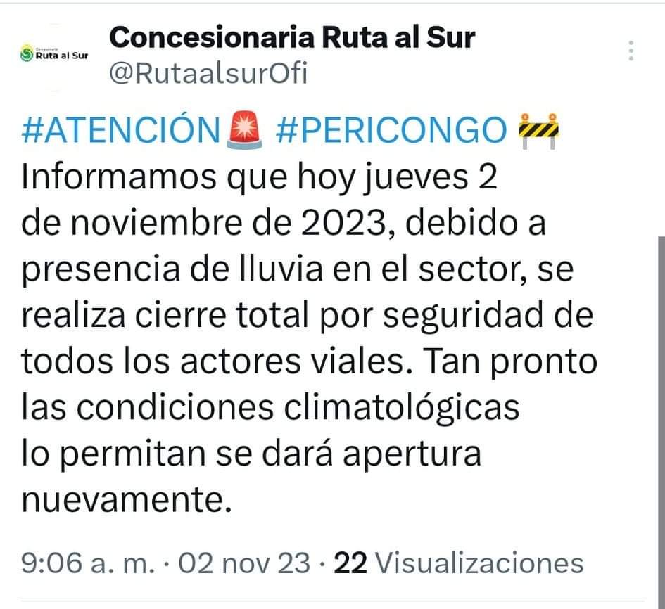 diariodelhuila's tweet photo. #Atención 🚨 Debido a las fuertes lluvias que se han presentado, se realiza cierre total para la seguridad de los actores viales. 

En la vía #Pericongo https://t.co/dI2dV6dI2X