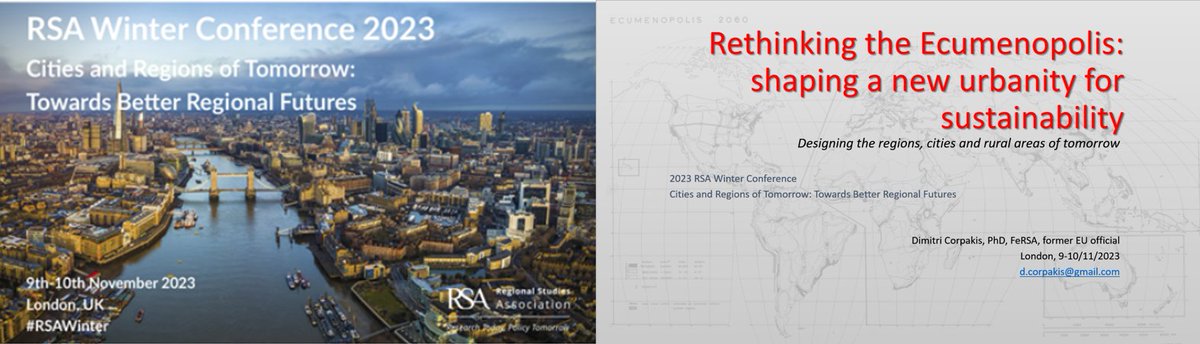 The @Regional Studies Association (RSA) Winter #Conference is coming up next week in London. (#RSAWinter). Thrilled to present my work on ‘Rethinking the #Ecumenopolis: shaping a new urbanity for #sustainability” on Friday 10/11/23 at 09:00 GMT. Chairing also 2 sessions