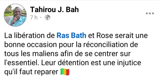 Mohbams9's tweet photo. #Mali🇲🇱
L'un des cyberactivistes pro @GoitaAssimi qualifie l'emprisonnement de #Ras_Bath et de #Rose_Vie_Chère, d'injuste et demande leur libération.
Espérons que @NiangAbdoul15 en fasse de même. Ils savent désormais que la prison n'est pas un lieu souhaitable. https://t.co/lmxZSZ3gfe