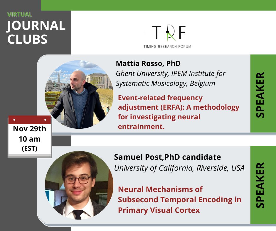 TimingForum's tweet image. Join us, Nov. 29th @ 10:00 a.m. EST for our next #vJC with @Red92Mattia and Samuel Post, for a couple of neural talks on entrainment and temporal encoding 🧠〰️⏱️

Register here ⬇️
mailchi.mp/afc50a249ddd/p…