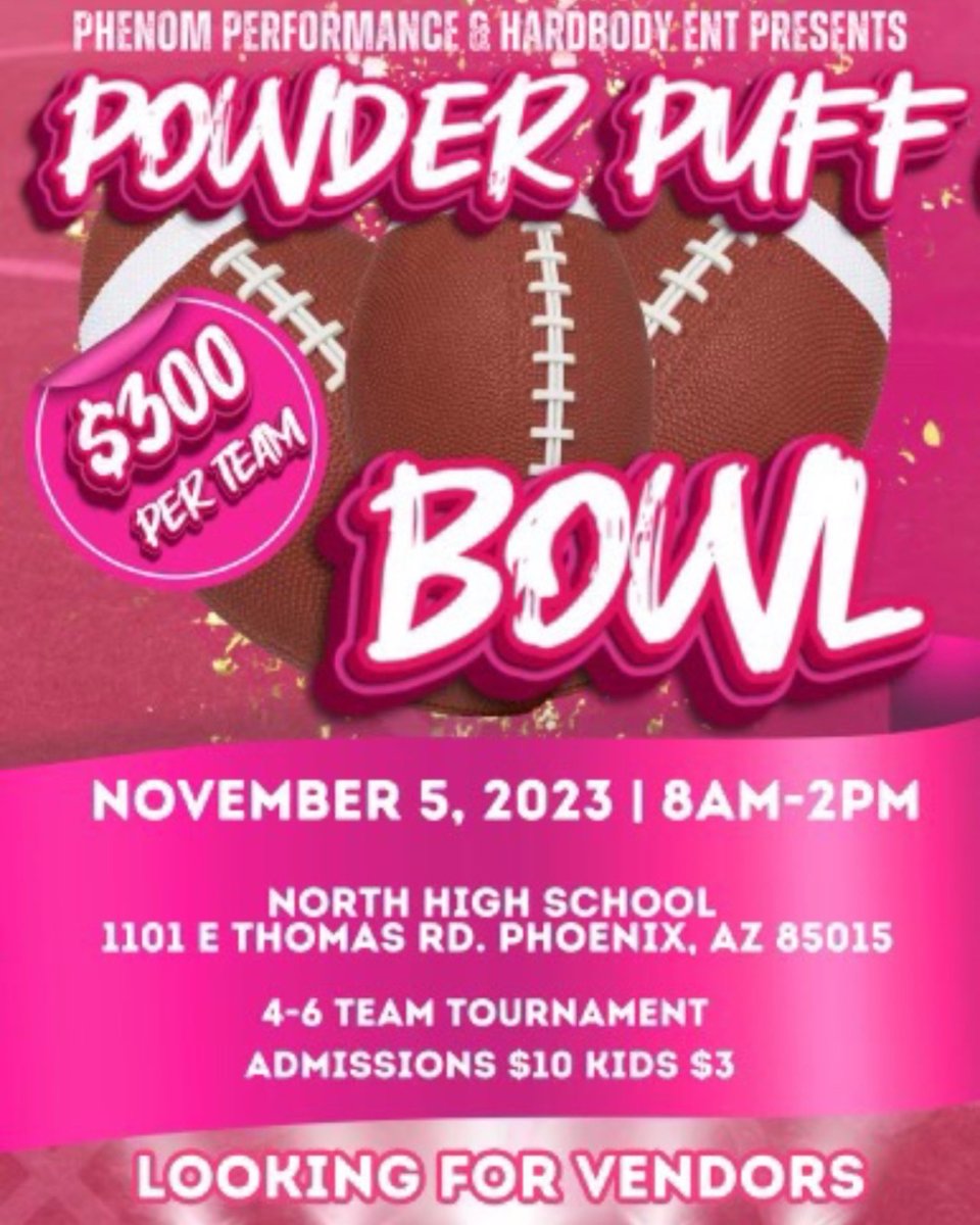 itsthetrees's tweet image. 🏈🎉  Ultimate Powder Puff Bowl tournament at North High School by @hbyungn x @pdod.da.god in Phoenix, AZ on November 5, 2023! 🙌🏽
Watch as four teams battle it out for the championship title! 🏆
Don't miss out on this exciting event!🤩