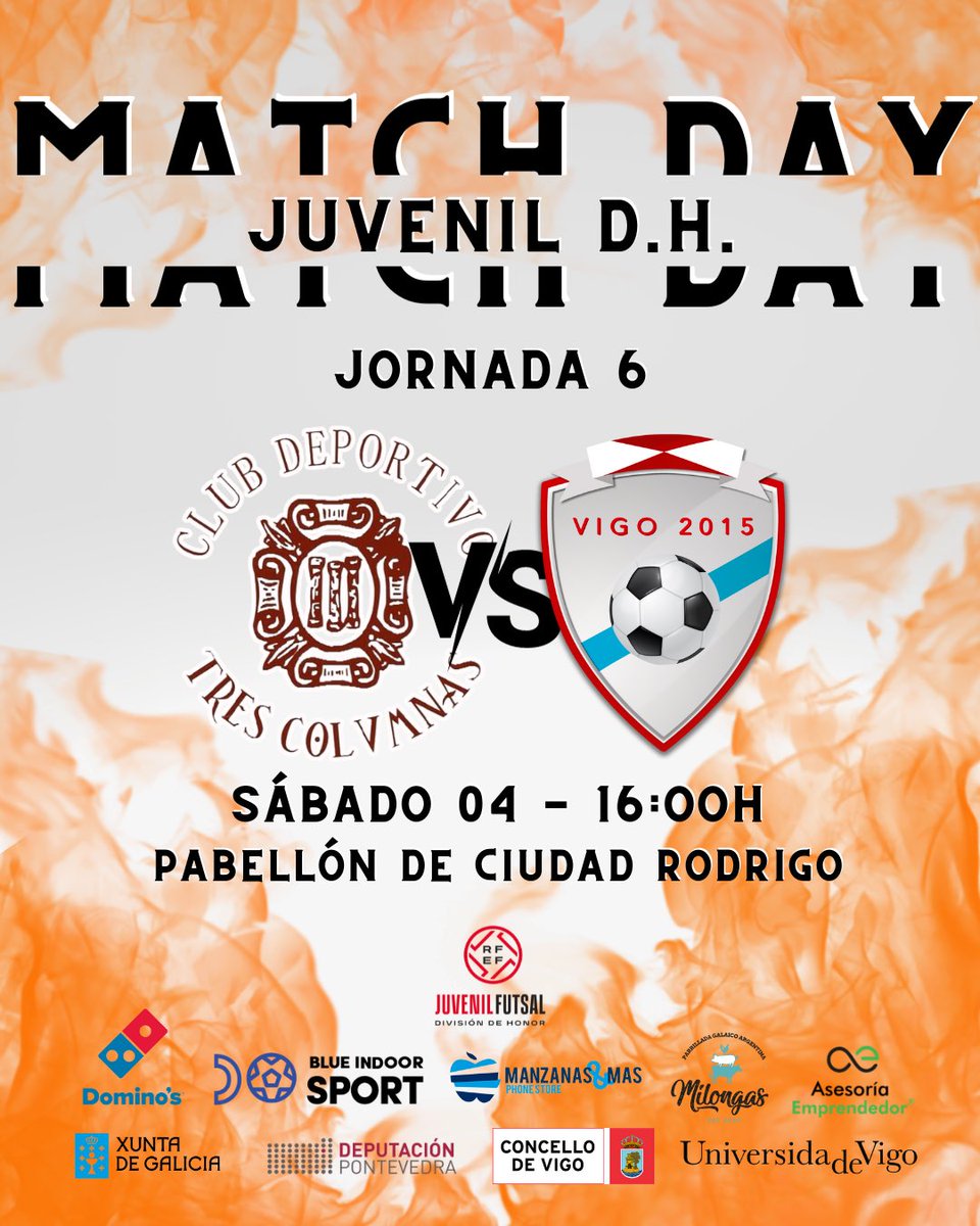 🟠 JUVENIL D.H. | JORNADA 6

🆚️ <a href="/trescolumnascd/">CD Tres Columnas</a> 
📅 Sábado 04 Noviembre
🕝 16:00h
📍 Pabellón Municipal de Ciudad Rodrigo

#LaNaranjaMecanica🍊#elPlan  #EDVigo2015 #EntrenarYJugarEducando #ADNnaranja
