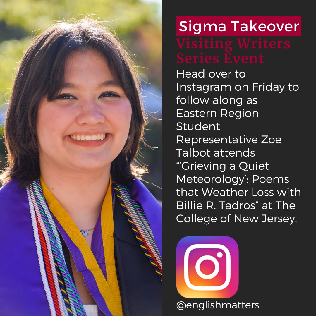 EnglishCon's tweet photo. Head over to Instagram on Friday to follow along as Eastern Region Student Representative Zoe Talbot attends “’Grieving a Quiet Meteorology’: Poems that Weather Loss with Billie R. Tadros” at The College of New Jersey. #SigmaTakeover #EnglishHonor #tcnjvisitingwriters2023 https://t.co/U2UpOwMFC3