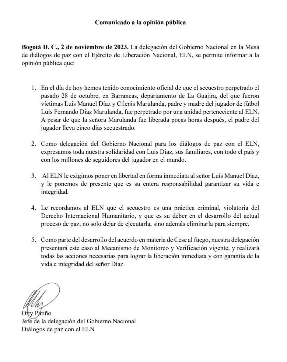 CiudadPaz_co's tweet photo. #OrdenPúblico | El ELN es autor del secuestro de Luís Manuel Díaz, papá del futbolista Luís Diaz.
Lo confirma el jefe de la delegación del Gobierno en los diálogos con esa guerrilla.

#PazTotal
@petrogustavo
@ComisionadoPaz
@ottypatino 
@infopresidencia https://t.co/1fvicu3LET