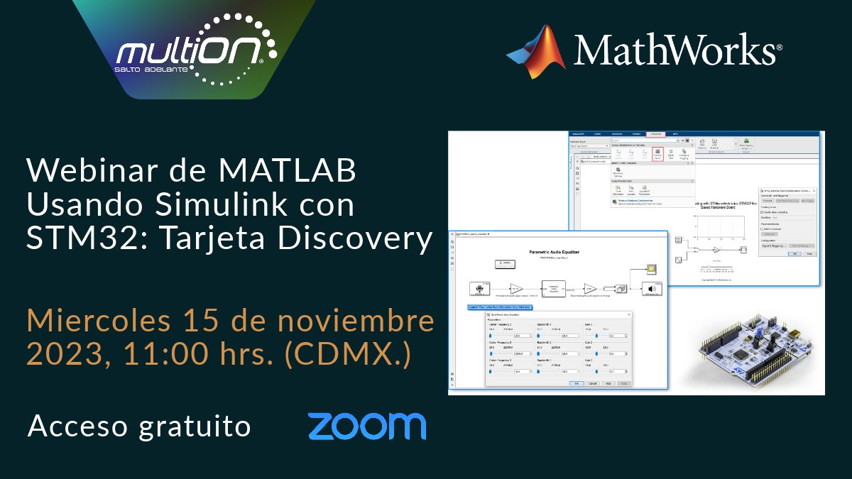 MATLAB_Mexico's tweet image. #Webinar Usando #Simulink Tarjeta Discovery bit.ly/40fgHeB Mierc 15 de noviembre, 11:00 hrs. Conozca las capacidades de #MATLAB para generar código para sistemas embebidos. Descubra la capacidad de recibir señales del exterior y realizar un procesamiento o algoritmo.